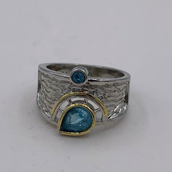 NWOT, large cigar band, 925 sterling silver, textural, gold accent, aqua… - Picture 7 of 17